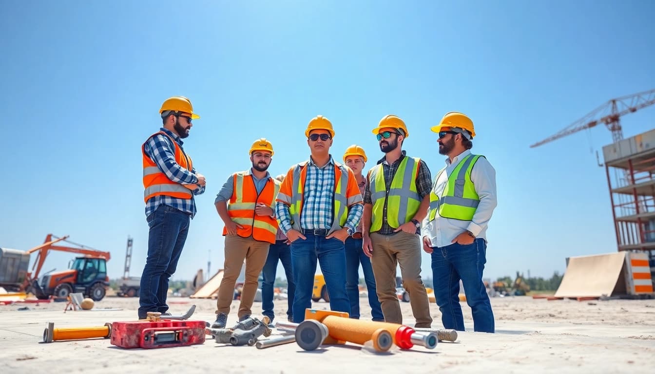 Construction safety training session highlighting protective measures and teamwork.