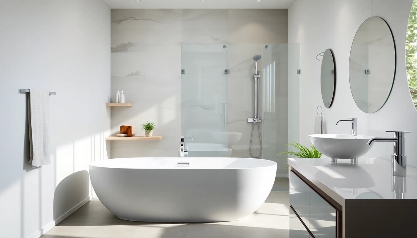 Sonni sanitär präsentiert elegante Badmöbel und Duschlösungen in einem modernen Badezimmer.