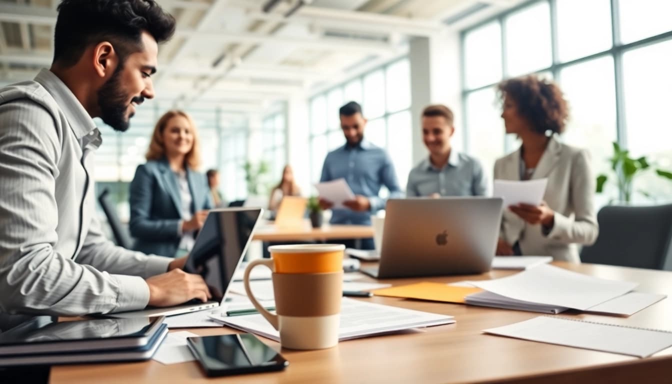 Facilitating US company registration process in a modern office environment with engaged entrepreneurs.