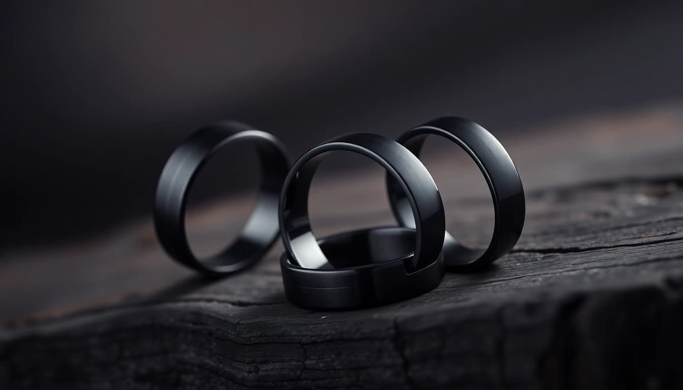 Showcasing stunning Black Zirconium Rings on dark wood, highlighting their elegant design and quality.