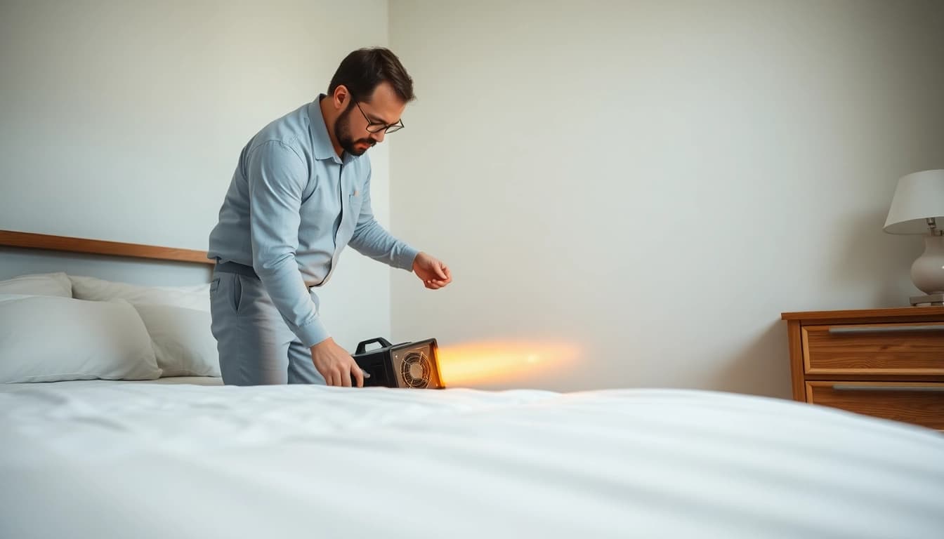 Technician conducting bed bug heat treatment in a cozy bedroom, showcasing a clean and safe environment.