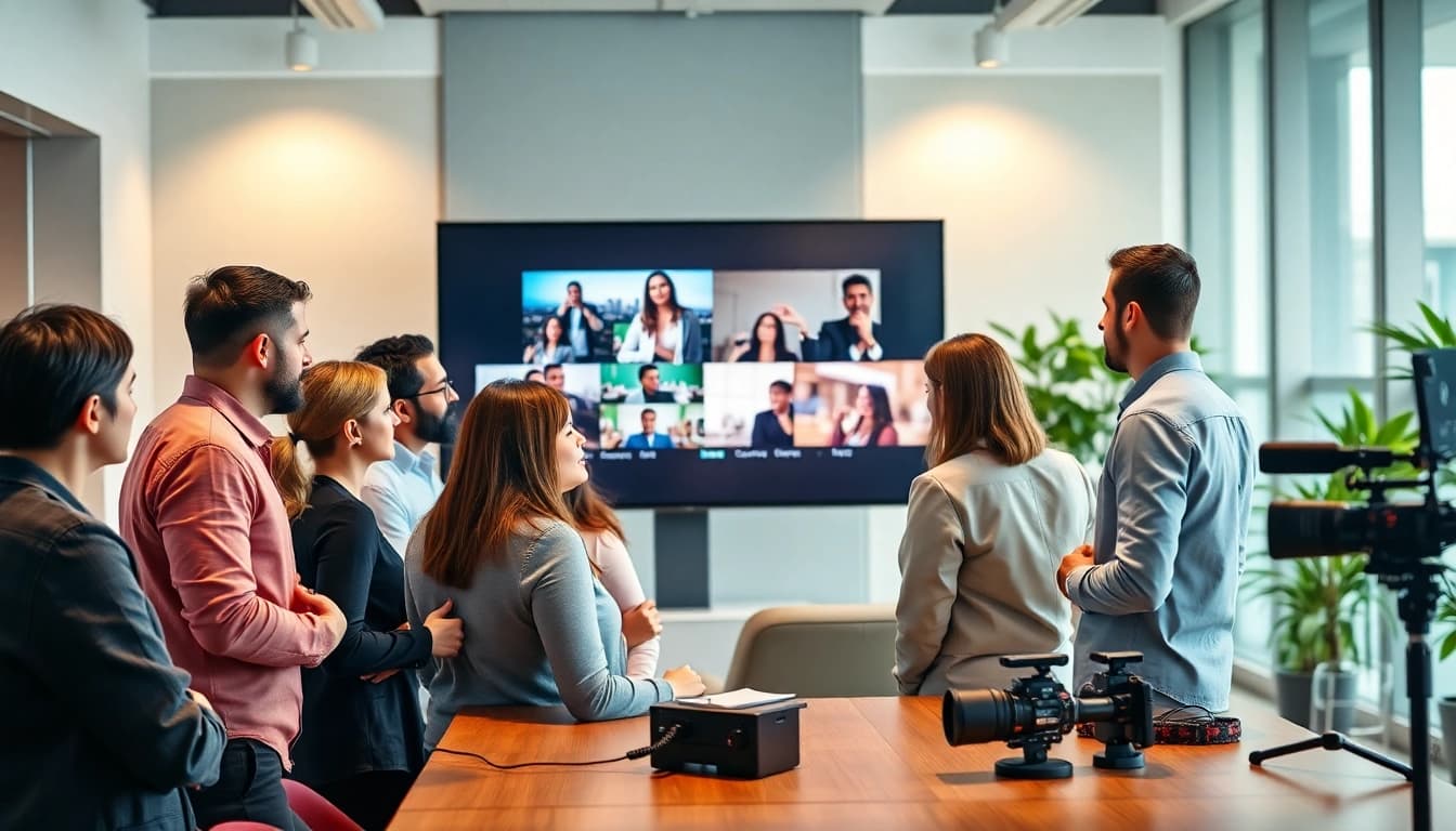 Capture of a professional Corporate Video Production team collaborating on a project in a modern office.