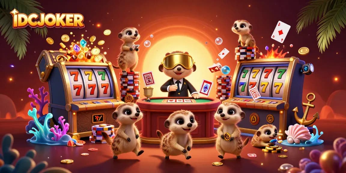 IDCJOKER meerkats managing a lively casino scene with vibrant slot machines and dynamic gaming elements.