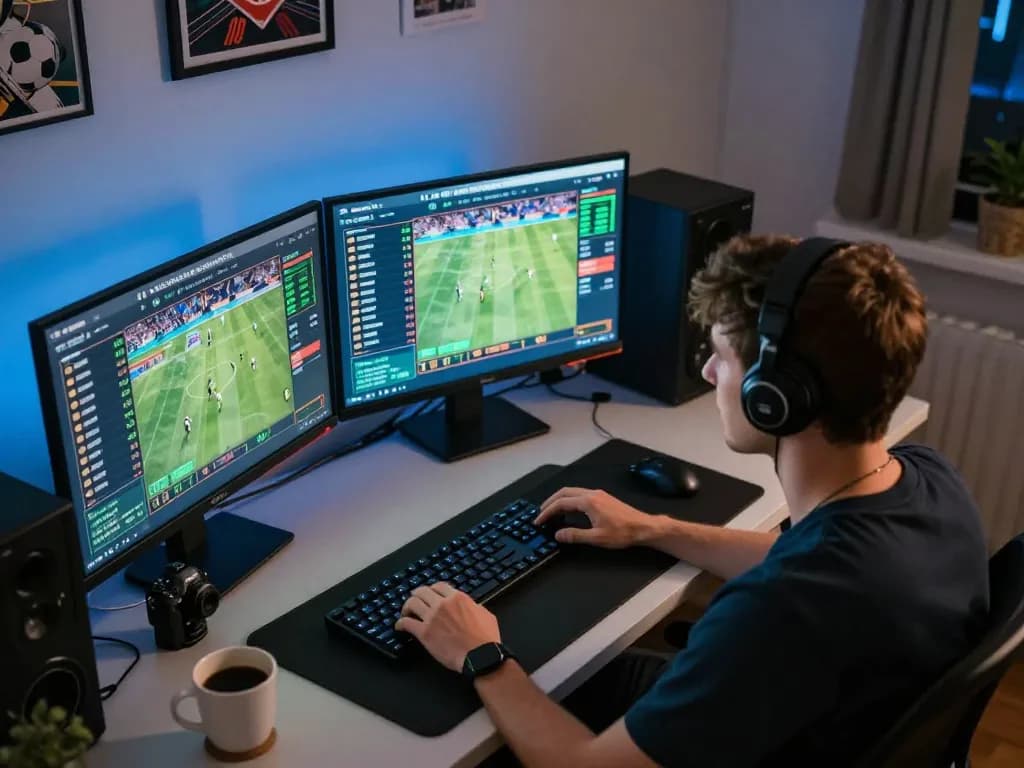 Engaging online sports betting experience on 888top with user placing bets on multiple screens.