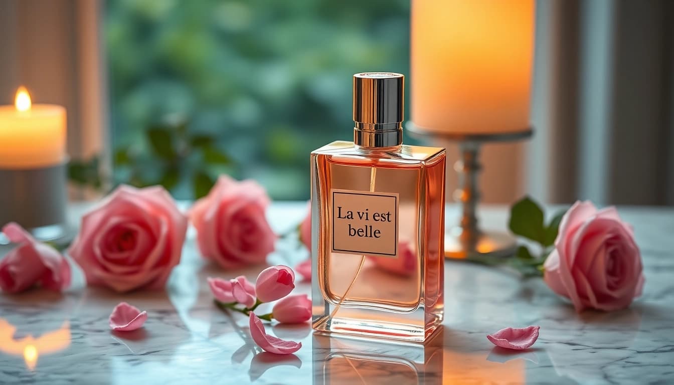 Experience the essence of La vi est belle in a luxurious perfume setup with roses.