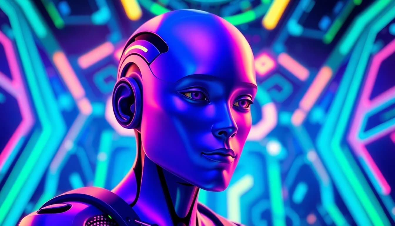 Illustration of an ai avatar in a futuristic digital landscape with vibrant colors.