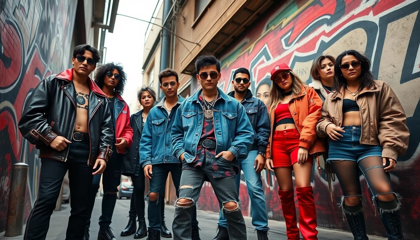 Modern rebel fashion depicted through diverse individuals in edgy streetwear against vibrant urban graffiti.