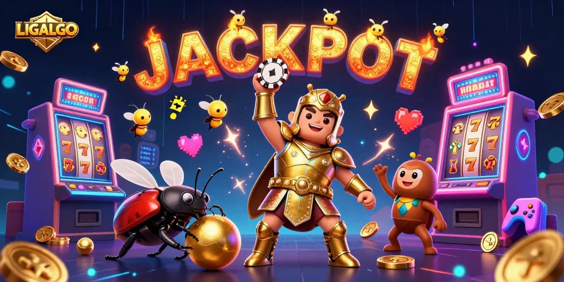 LIGALGO showcases a dynamic 3D scene featuring hercules beetle and dung beetle celebrating a jackpot win in a vibrant casino.