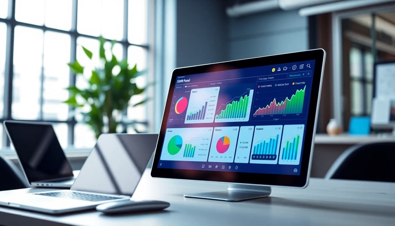 Engaging visual of an SMM panel interface showcasing analytics in an inviting office.