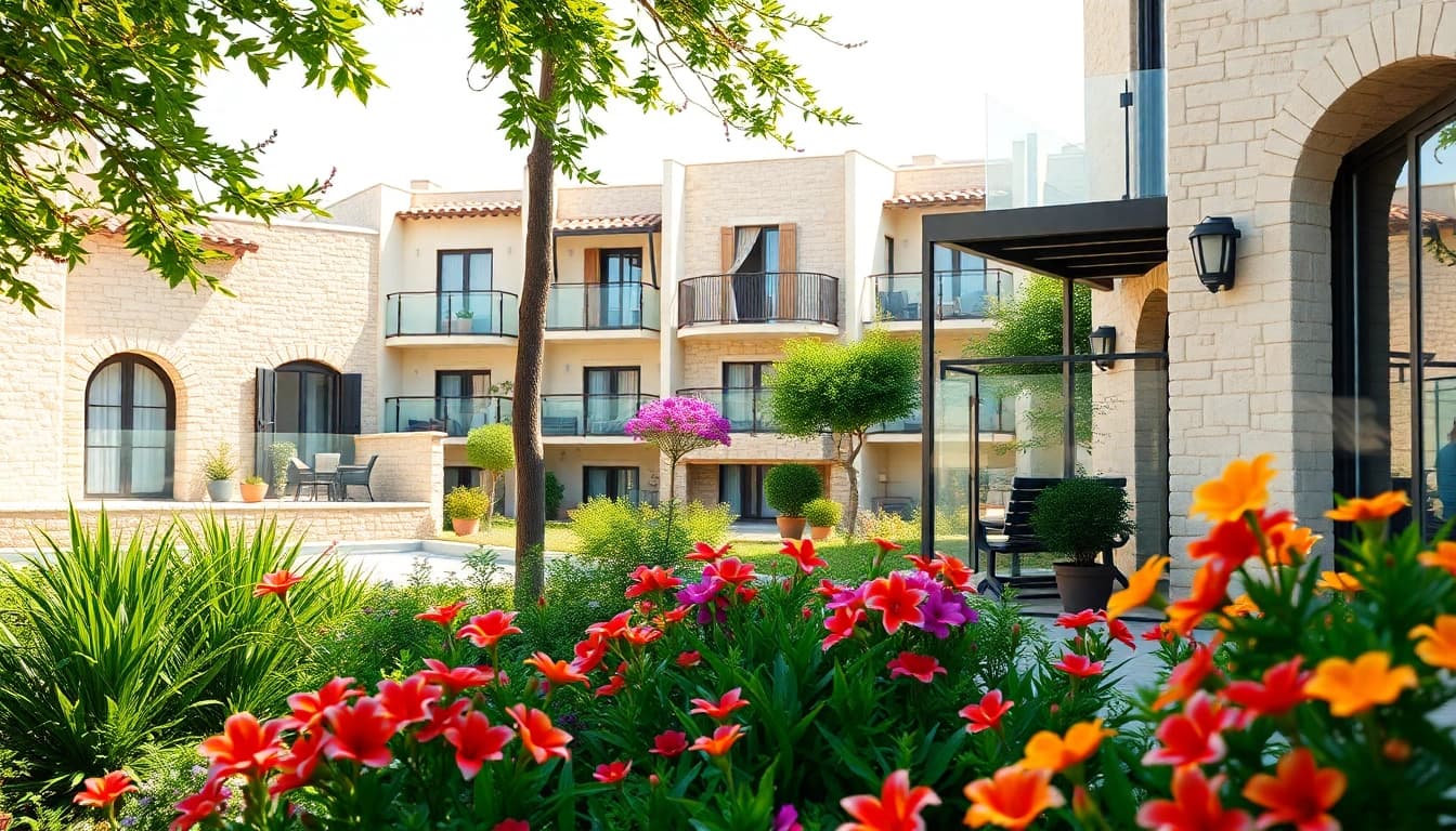 View beautiful alanya apartments for sale in scenic Mediterranean setting with lush greenery.