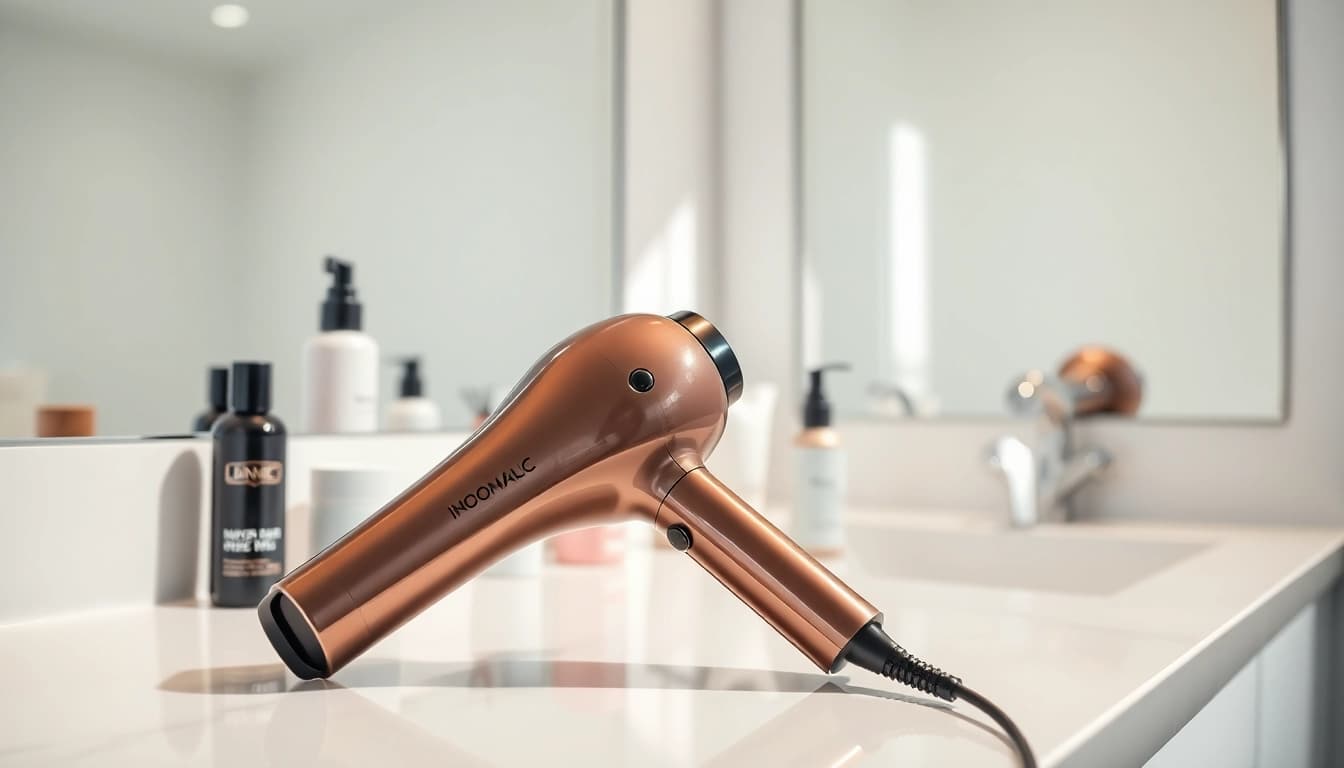 Stylish Ionic blow dryer showcased on a minimalist bathroom counter with hair care products.