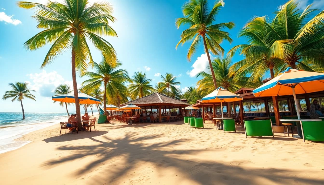 Vista panorâmica da praia de Paripueira, Alagoas, com areias douradas e palmeiras.