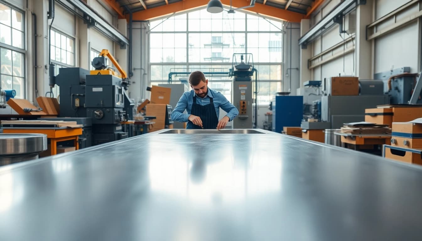 Worker crafting a stainless steel basin in a modern stainless steel basin factory, showcasing craftsmanship.