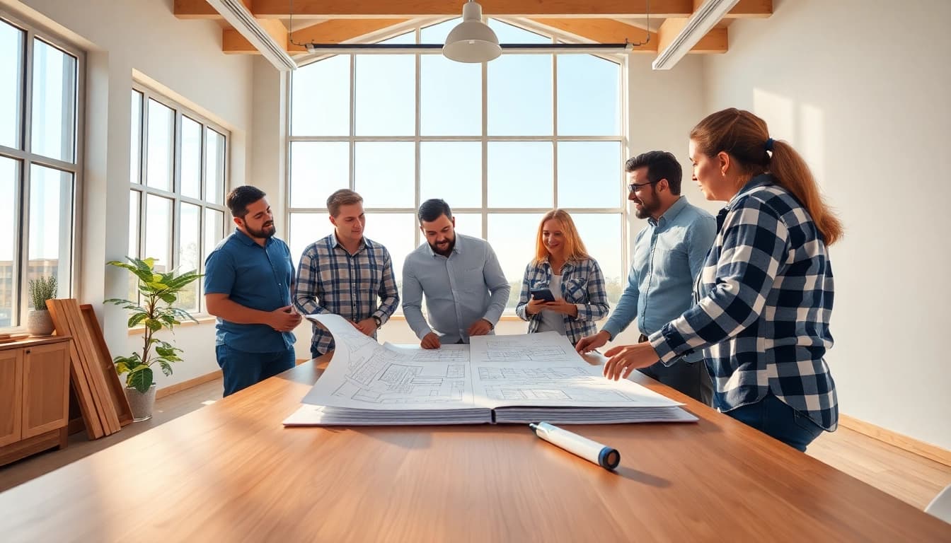 Collaborating professionals representing the Texas association of builders focus on architectural plans.