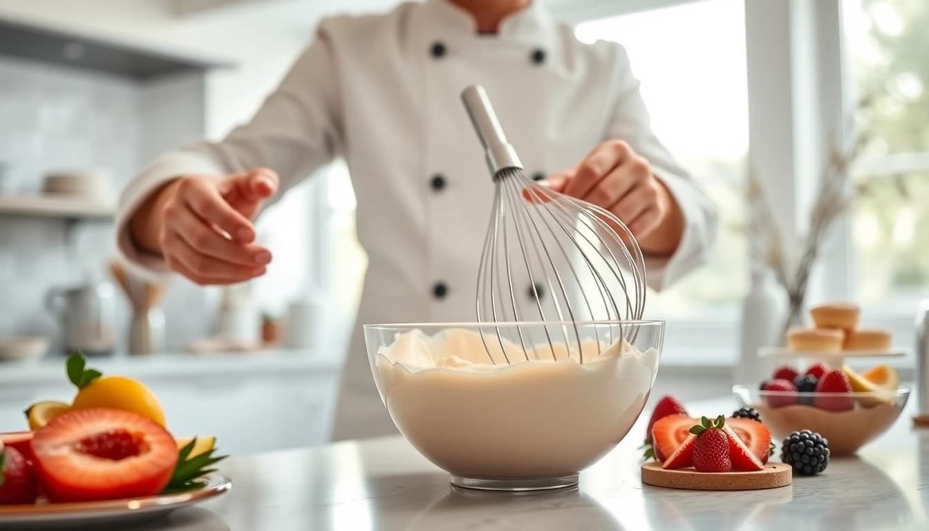 Mousseline cream being expertly prepared by a professional pastry chef in a bright kitchen.