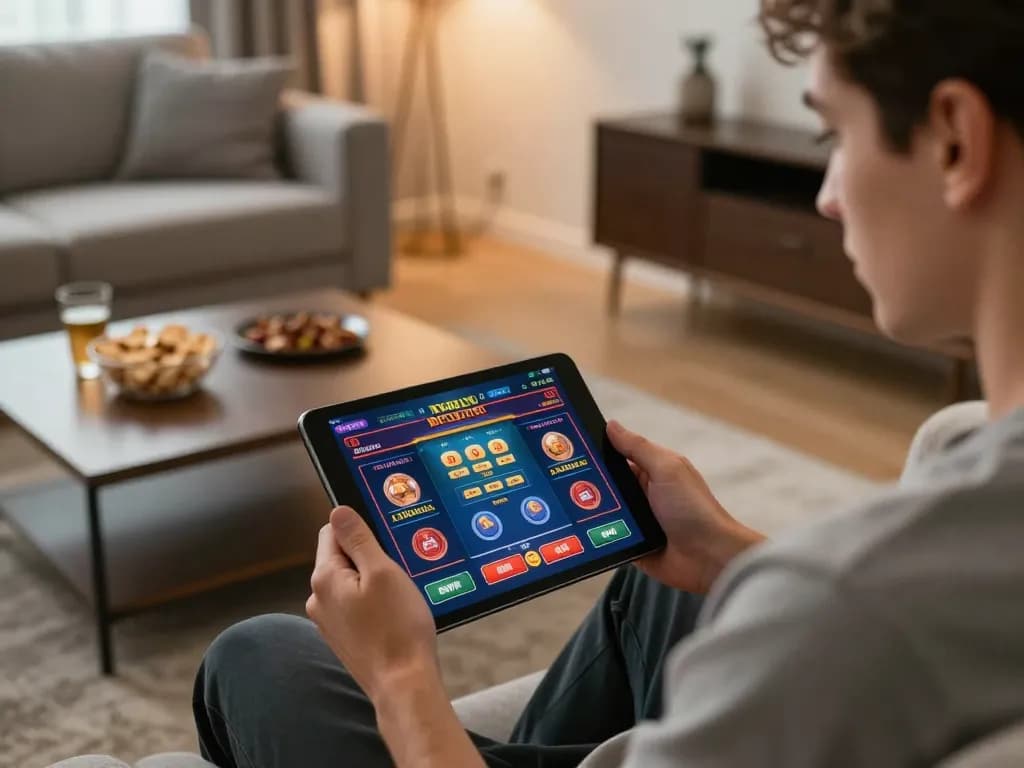 Engaging in online casinos in Canada reddit with vibrant casino app on tablet in modern living room.