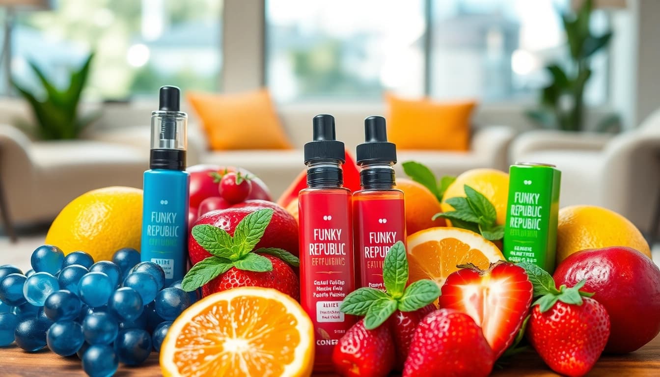 Showcasing funky republic vape flavors with vibrant packaging and fresh ingredients.