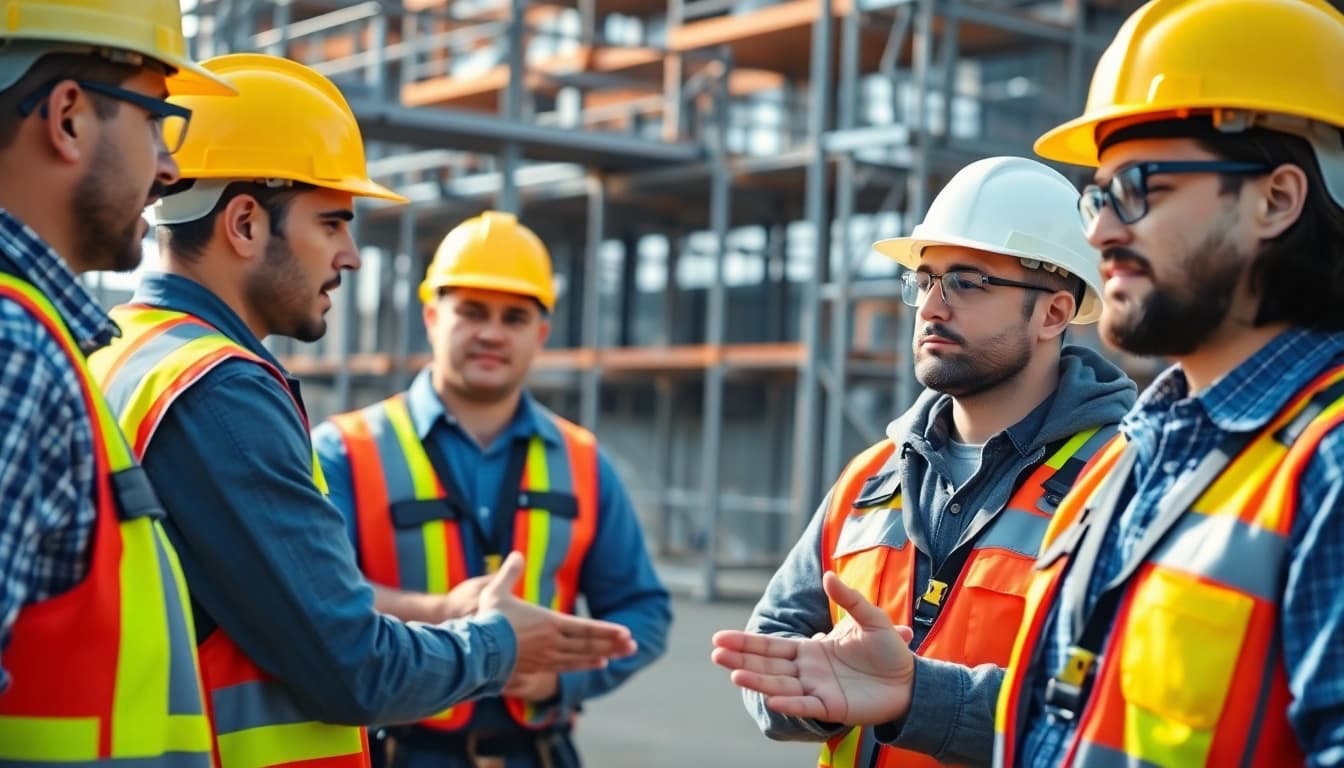 Workers attending construction safety classes at an outdoor training site.