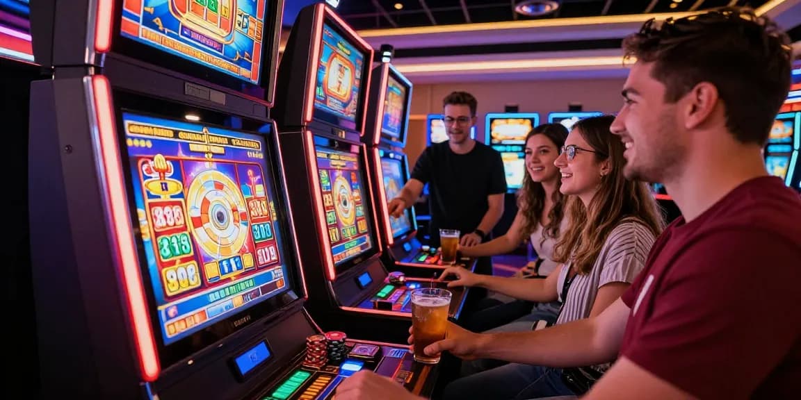 Excited friends playing slot gacor in a lively casino atmosphere.