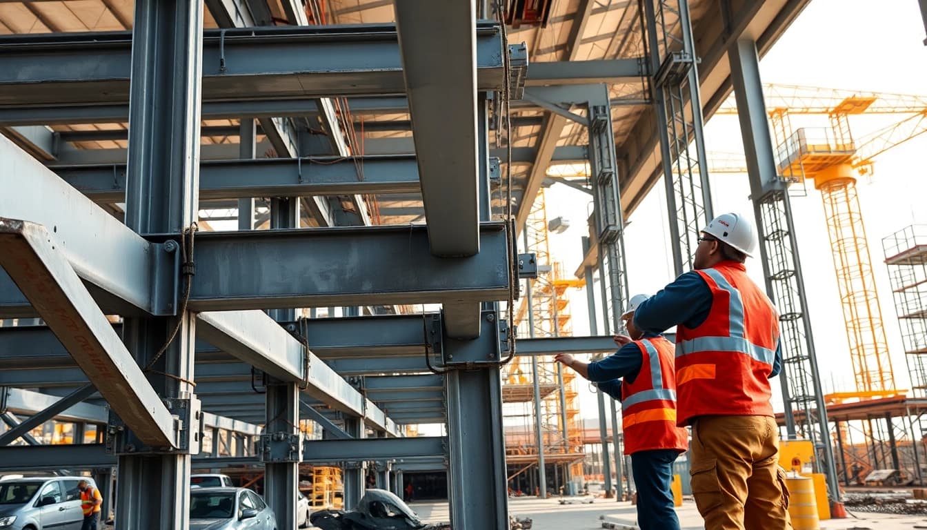 Showcasing structural steel installation in a construction scene with dynamic workers and equipment.