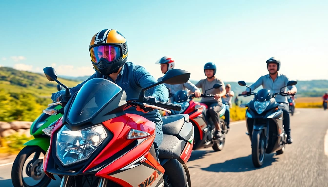 Young riders enjoying 125cc and 250cc beginner motorcycles on a scenic road.