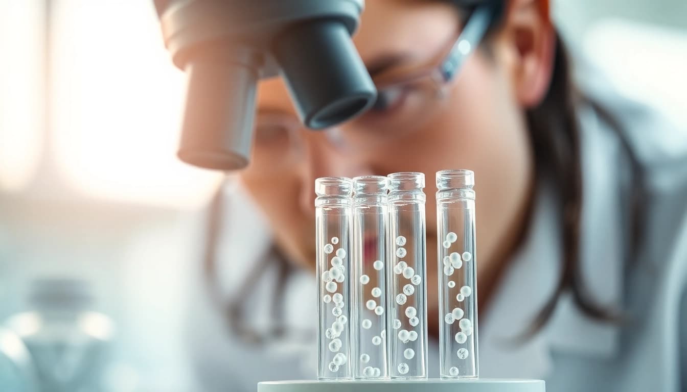 Scientist analyzing peptides under a microscope in a bright laboratory setting.