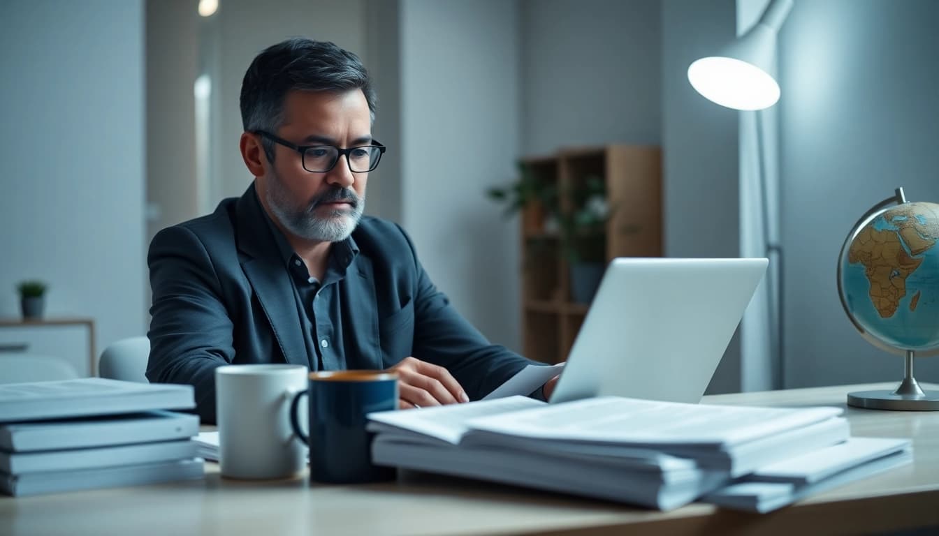 Professional translator engaged in sworn translation (beëdigde vertaling) at a modern workspace.