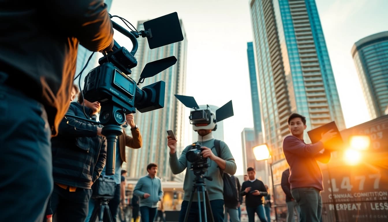 Engaged team of edmonton production companies filming in an urban setting.