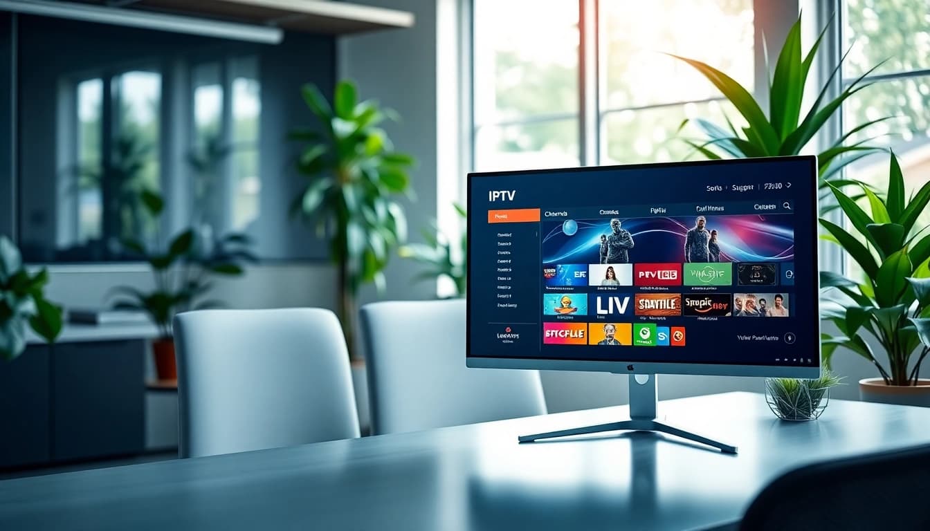 Showcasing an IPTV panel interface with vibrant channel listings in a modern workspace.