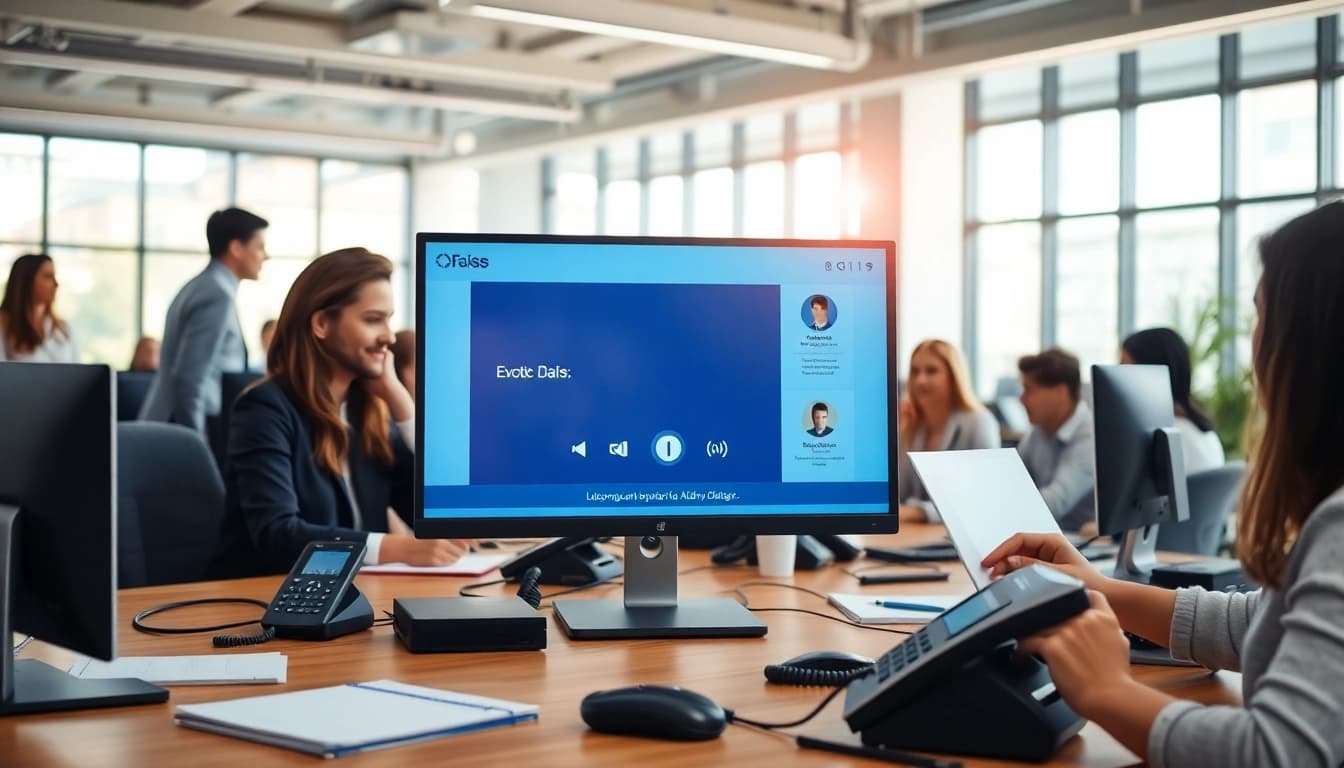Auto dialer software interface in an office setting with a diverse team communicating effectively.