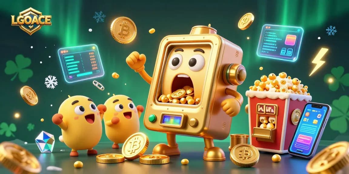 LGOACE slot machine celebrating a jackpot with enthusiastic baby machines and golden coin showers.