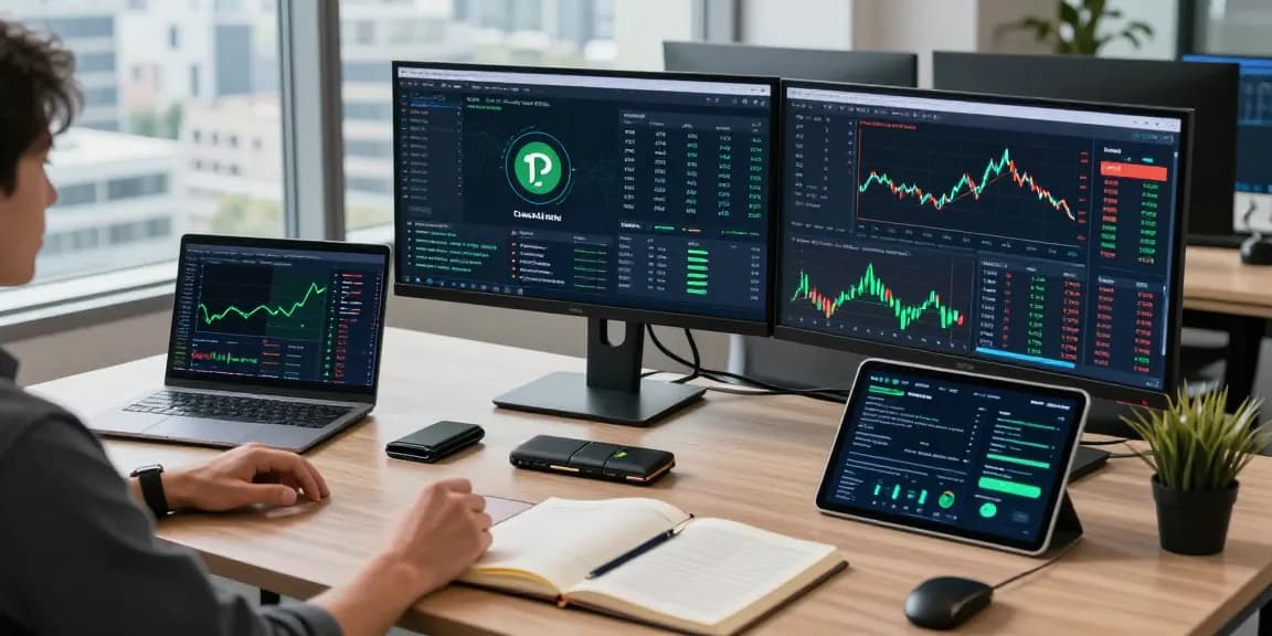 Green energy cloud mining analysis in cryptocurrency trading workspace with blockchain data displays and energy-efficient mining strategies.