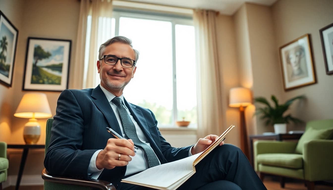Dr. Gregor Kowal psychiatrist India engaged in a thoughtful session in a tranquil office.