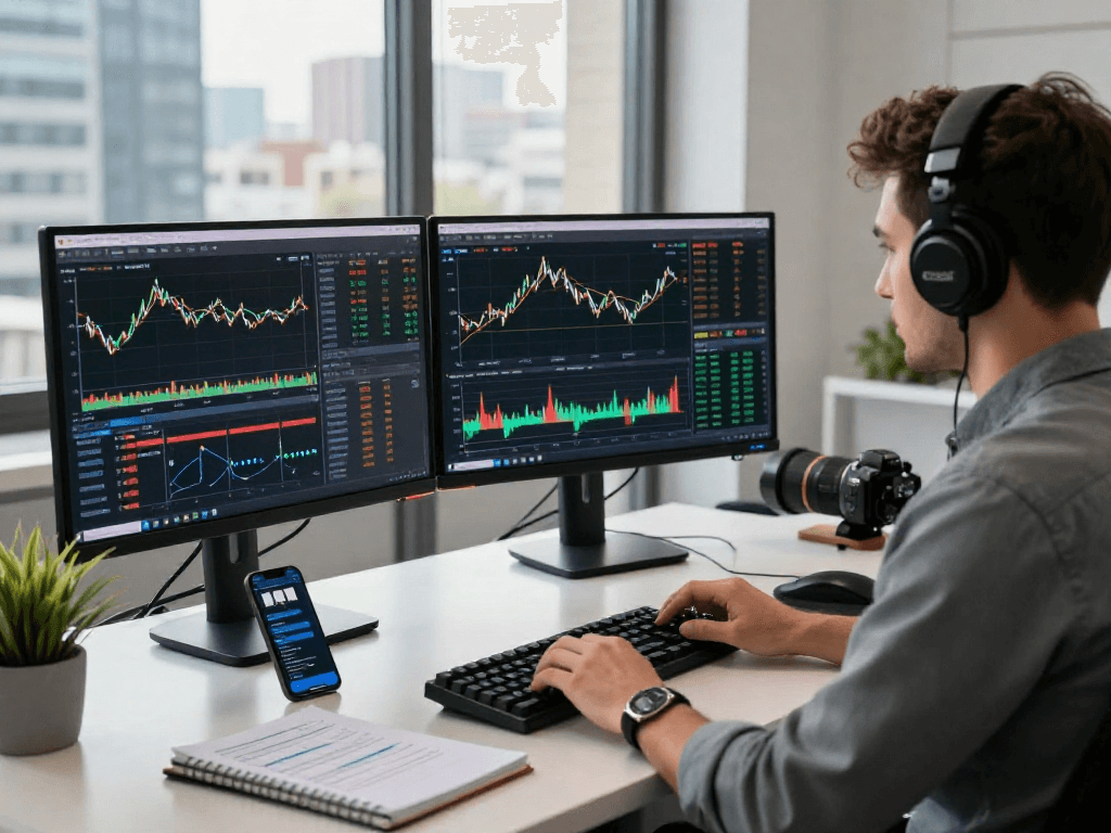 Trader engaging with MetaTrader 5 platform on multiple screens, showcasing real-time Forex analysis in a modern workspace.