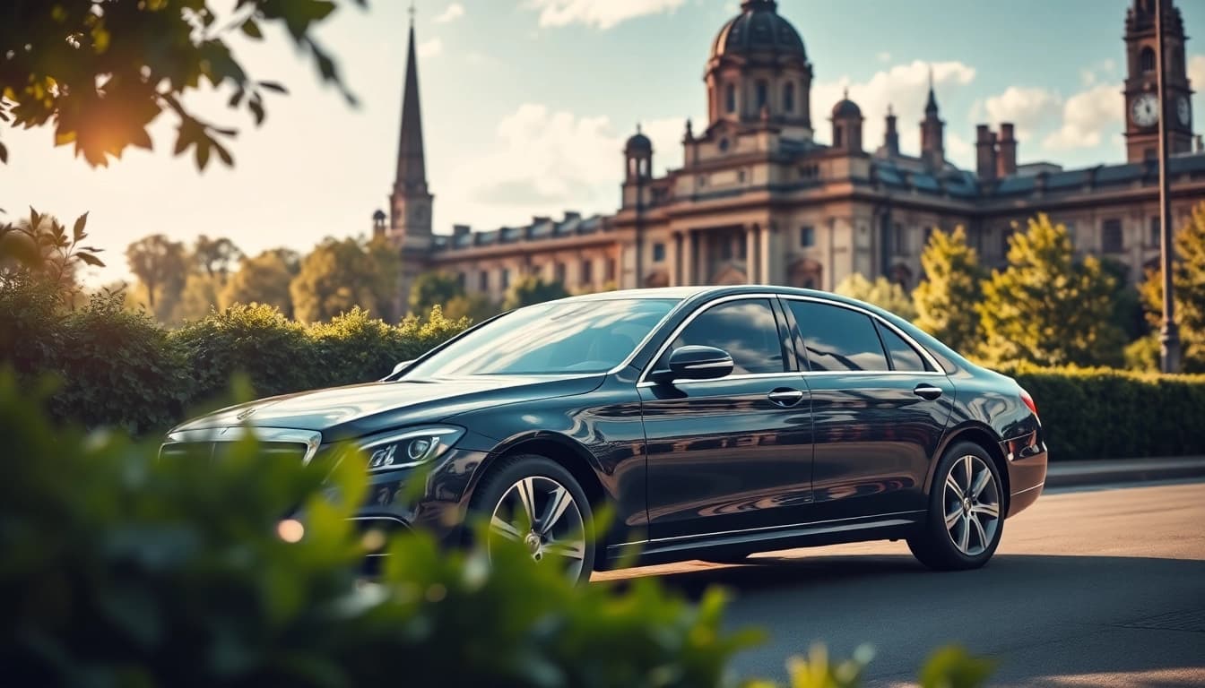 Engaging Chauffeur Hire Nottingham service featuring a polished luxury car beside a historic landmark.