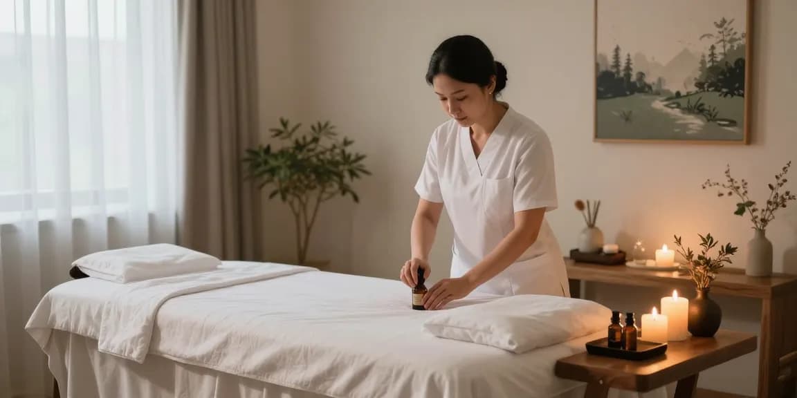 Relaxing massage therapy scene at makangs.com spa with essential oils and calming ambiance