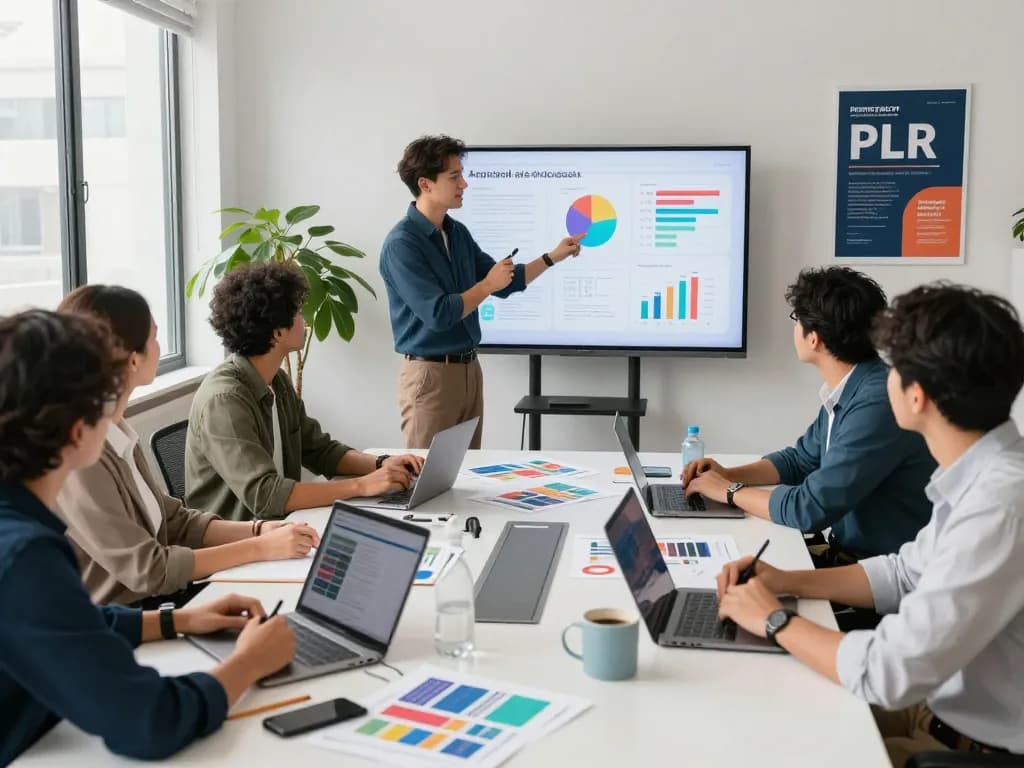 Collaborative entrepreneurs focusing on how to purchase PLR content in a modern workspace.