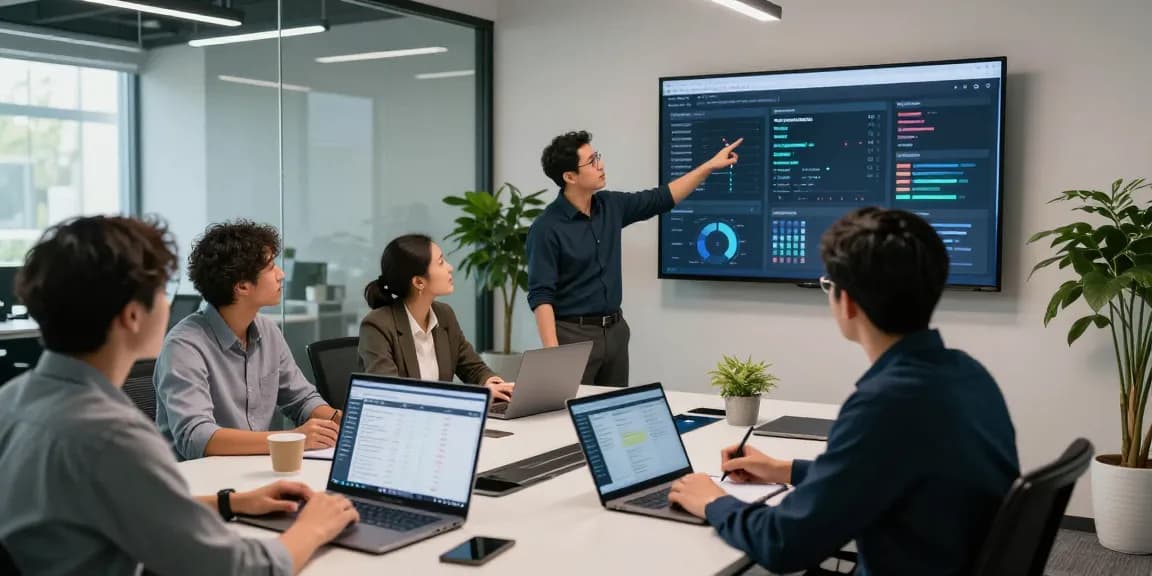 Content moderation team using an ai detector to analyze data in a modern office setting.