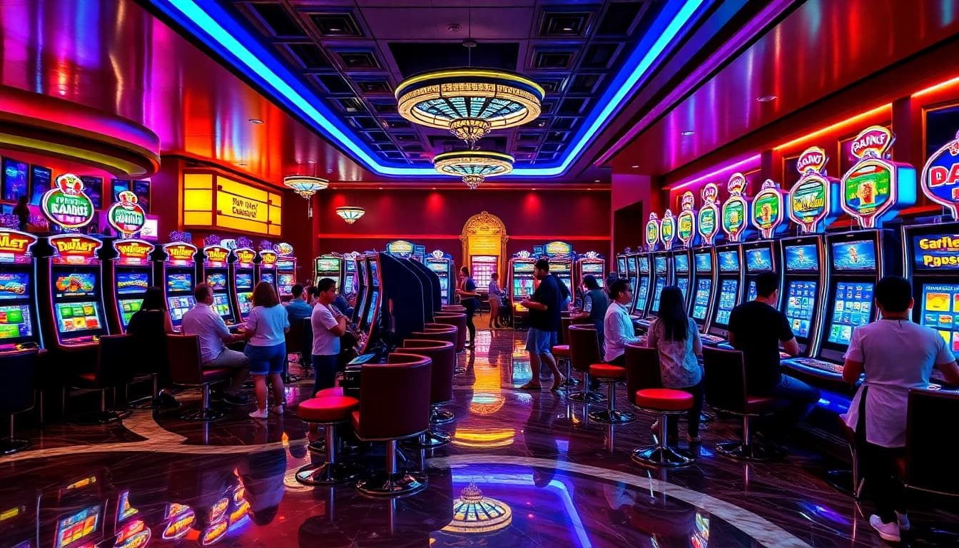 Para penggemar deposit pulsa slot menikmati mesin slot yang berwarna-warni di lingkungan kasino mewah.