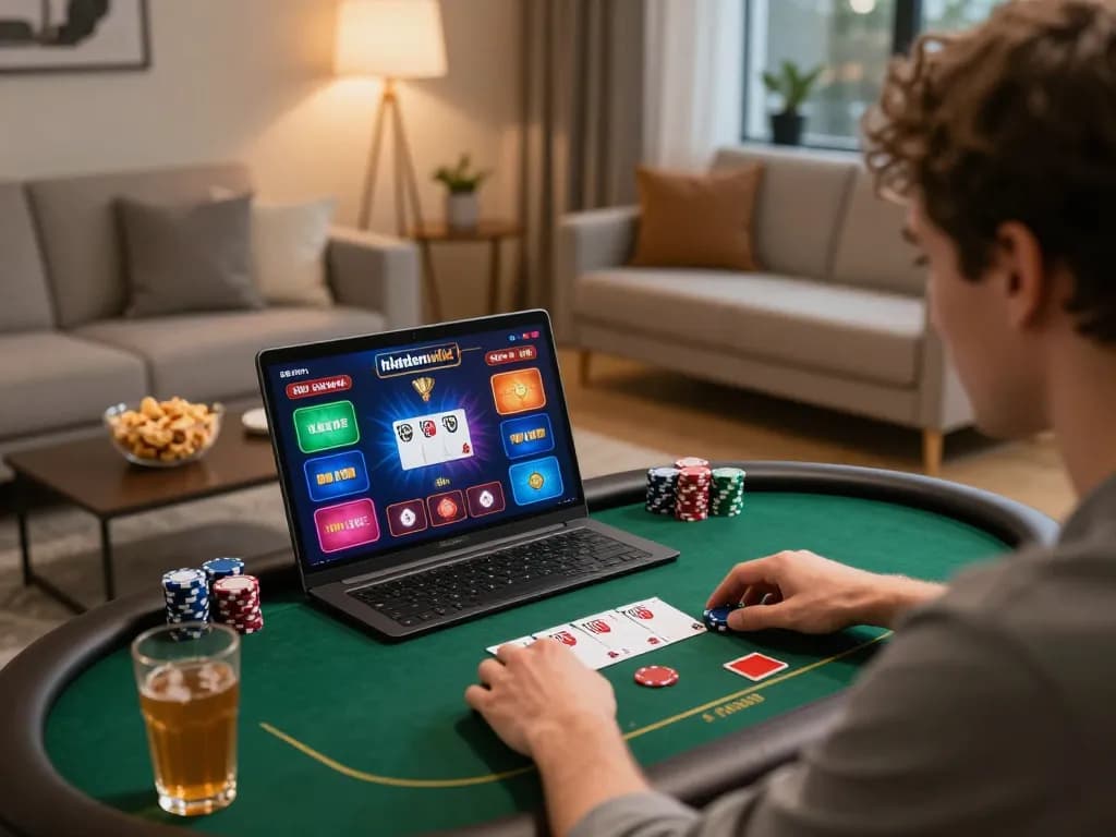 Engaging online poker session featuring thehiddenwiki game interface, dynamic player interaction, and cozy home setting