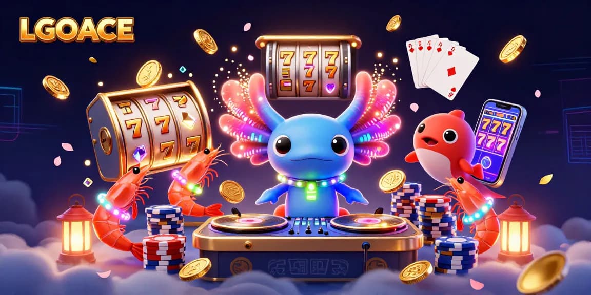 LGOACE slot gaming scene with vibrant axolotl DJ, sparkling gems, and cascading coins.