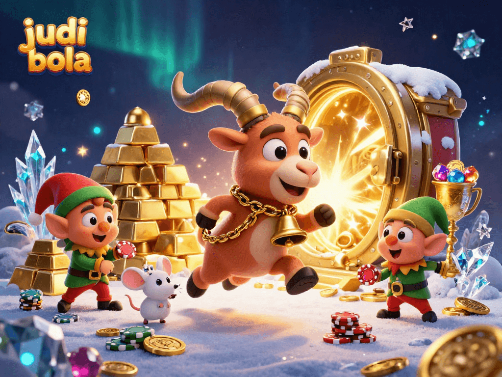 Experience the thrill of judi bola in a vibrant, chaotic casino illustration featuring Krampus and merry characters.