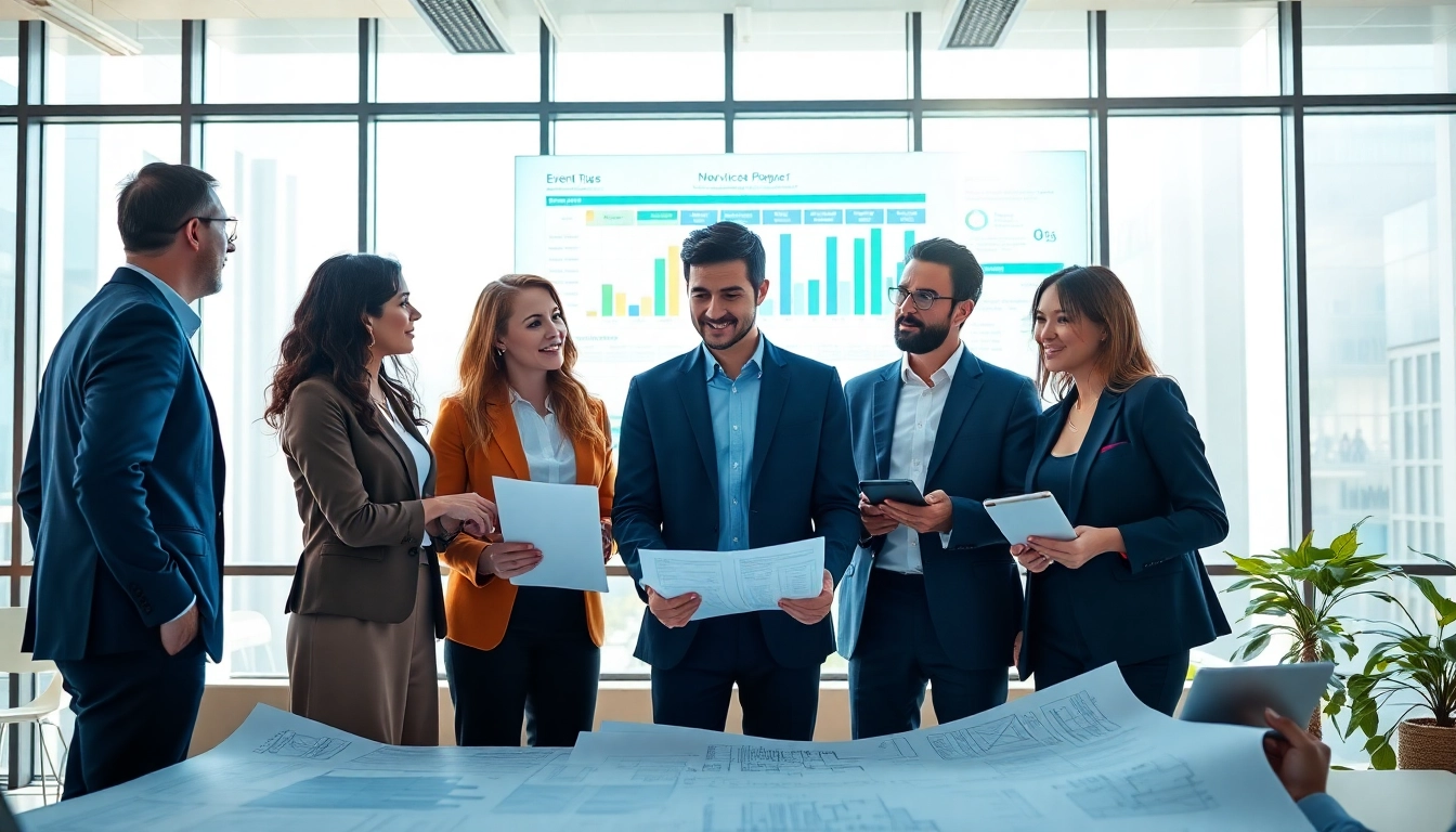 Corporate Event Planners strategizing in a modern office environment with charts and blueprints.