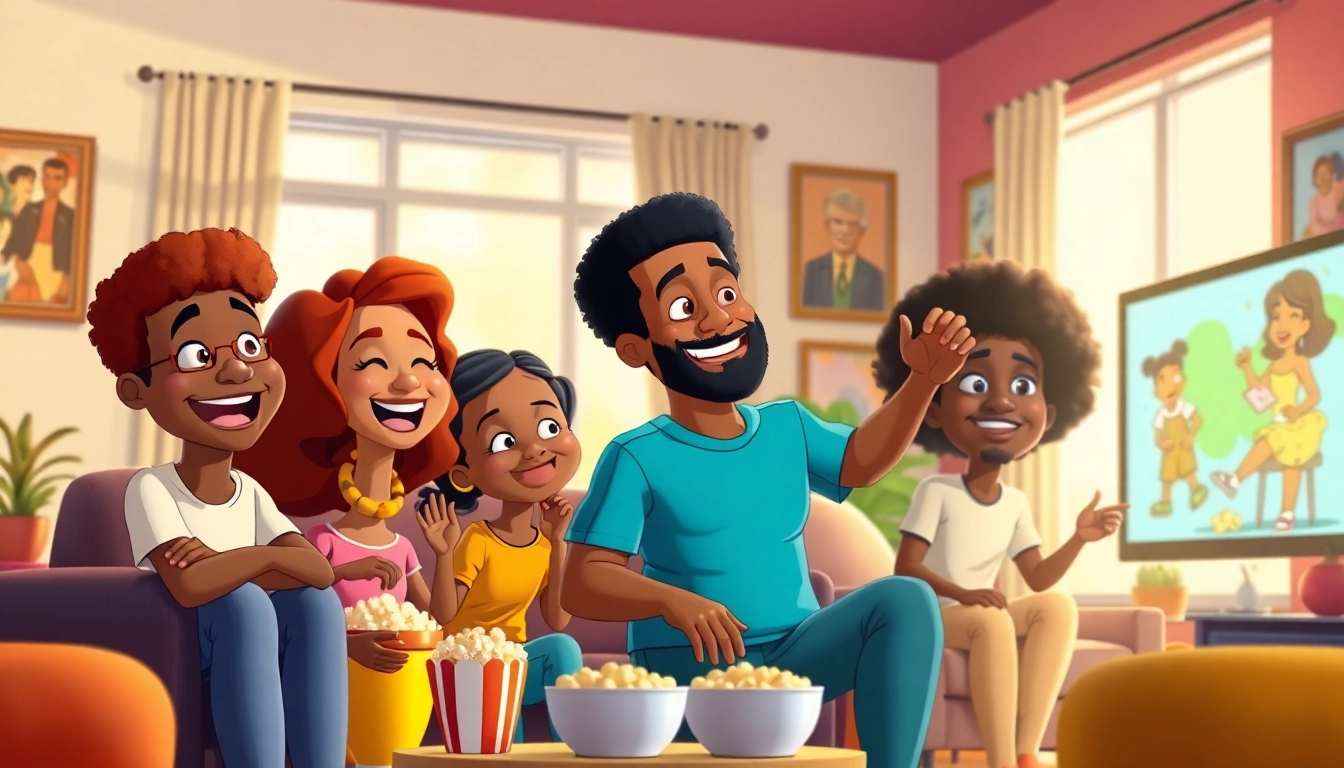 A family enjoying African American cartoons together, showcasing animated characters and a joyful atmosphere.