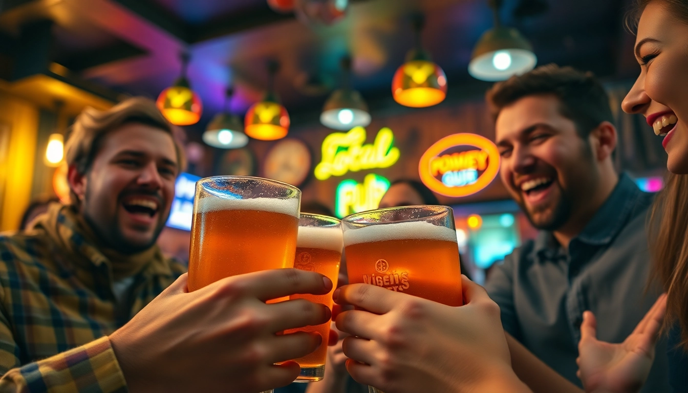 Vibrant gathering of friends experiencing 'on the lash' with drinks and laughter in a lively pub.