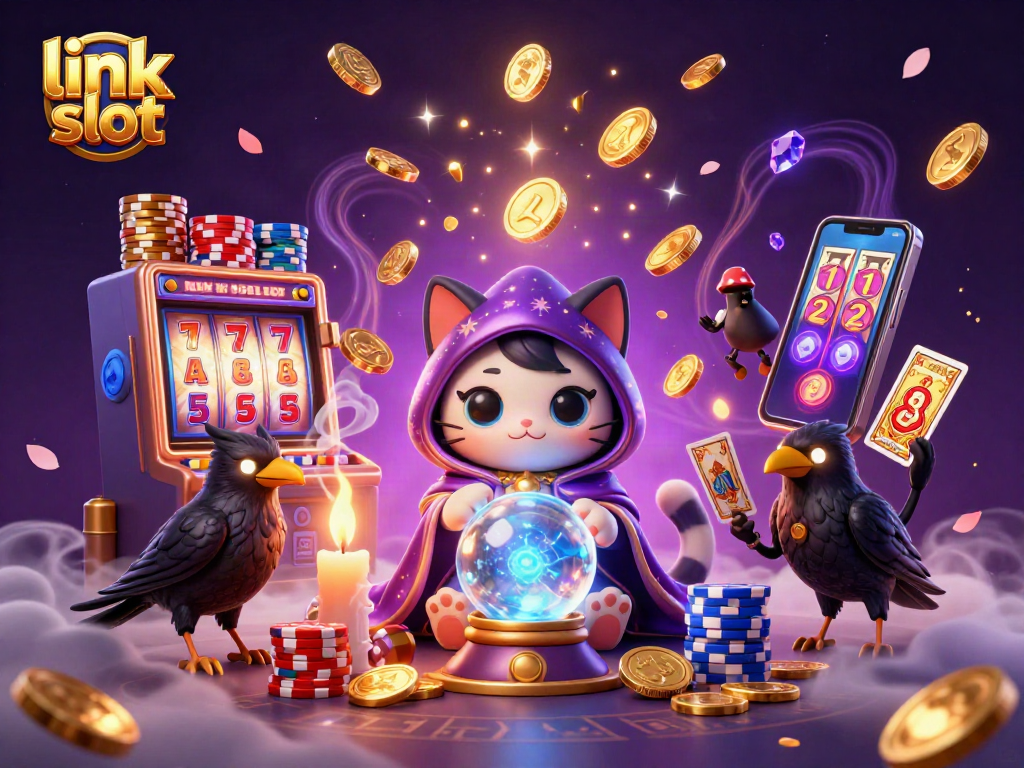 Engage with the link slot experience featuring a mystical cat, raven, and vibrant casino elements.