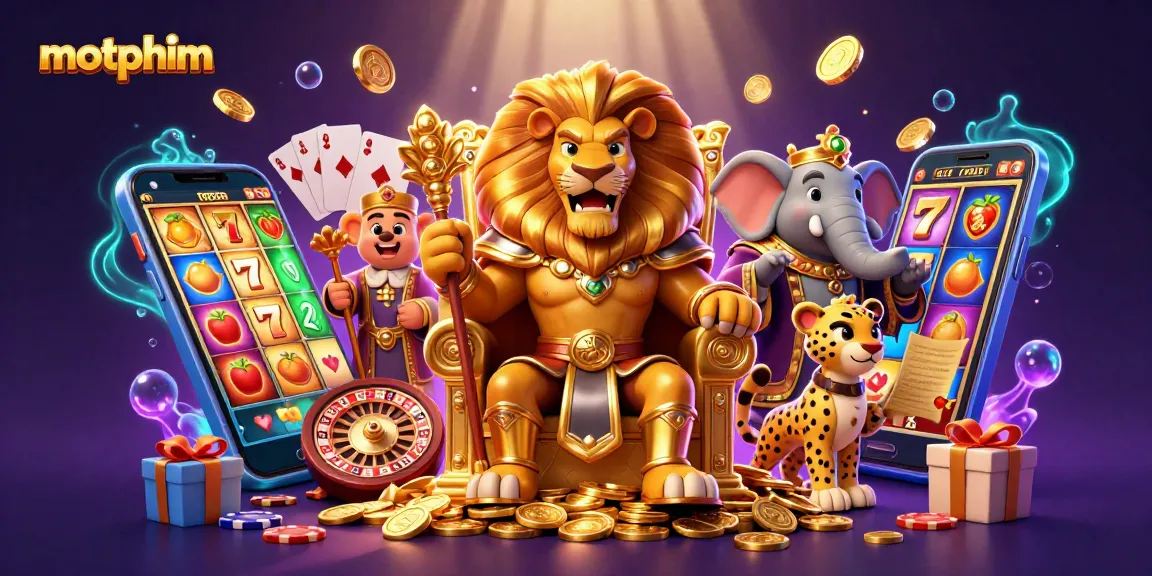 motphim showcases vibrant slot gaming action with a lion king on a golden throne and animated casino elements