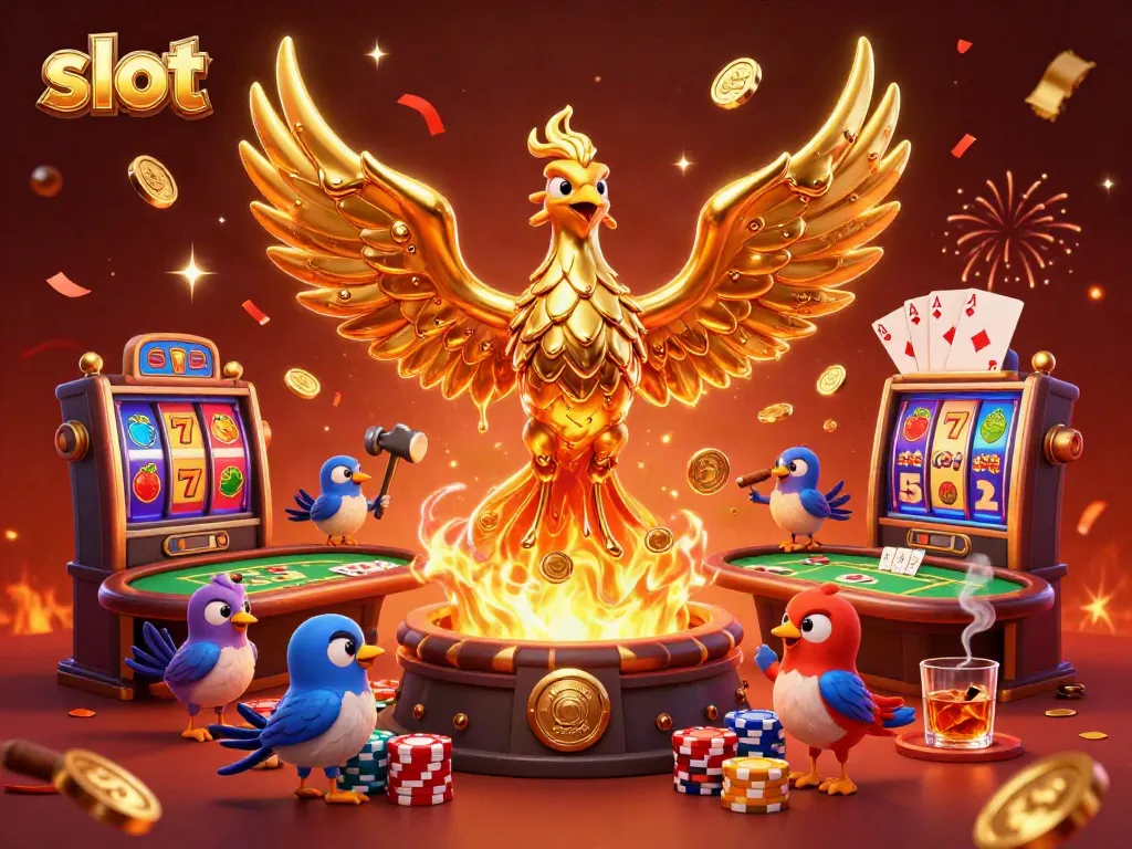 Engaging in exciting slot gameplay as golden phoenix transforms into coins amidst fiery action.