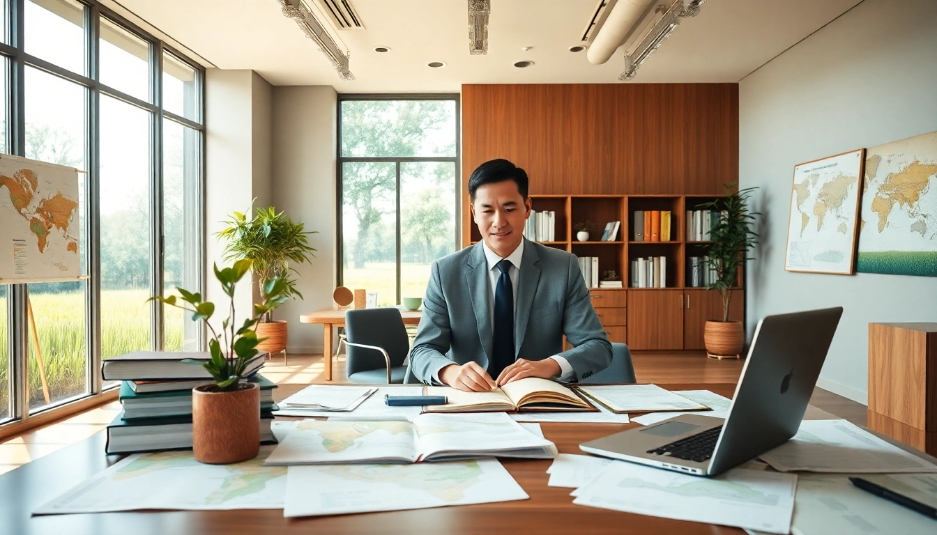 Agriculture lawyer analyzing documents in a professional office environment.