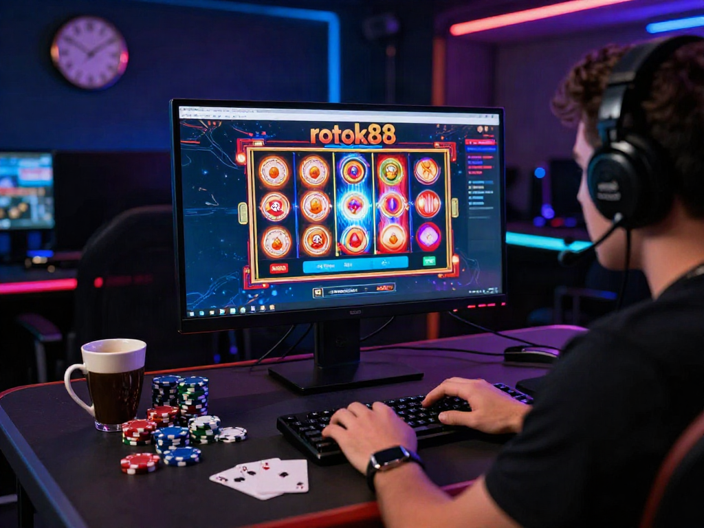 Player focused on rokok88 slot login at a modern casino-styled setup with vibrant graphics and gaming elements.